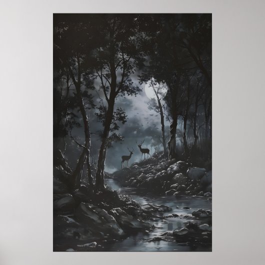 Full Moon Dark Forest with Fawn Deer Art Dark Poster (Voorkant)