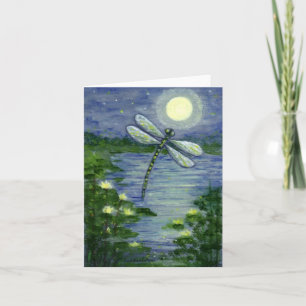 Full-Moon Dragonfly Pond Waterlilies Art Note Card Kaart