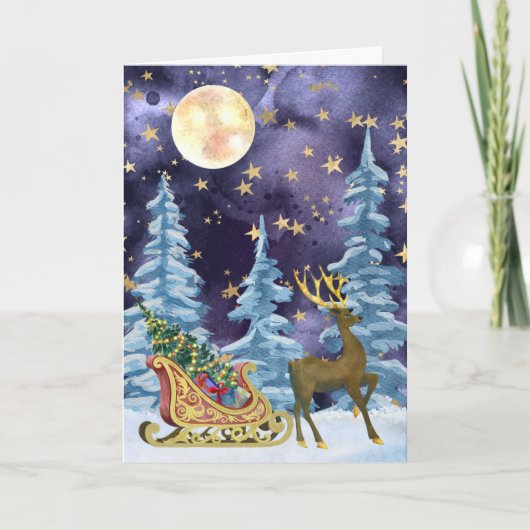 Full Moon Over Reindeer With Sleigh Kaart (Voorkant)