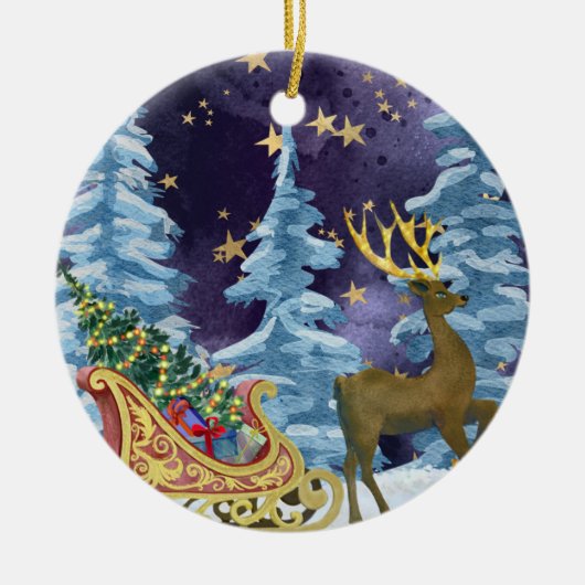Full Moon Over Reindeer With Sleigh Keramisch Ornament (Voorkant)