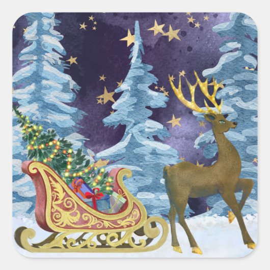 Full Moon Over Reindeer With Sleigh Vierkante Sticker (Voorkant)