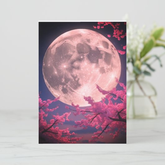 Full Moon & Sakura Cherry Blossoms Wedding Invitat Kaart (Staand voorkant)