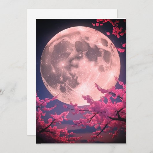 Full Moon & Sakura Cherry Blossoms Wedding Invitat Kaart (Voorkant / Achterkant)