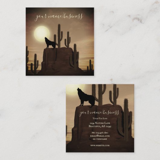 Full Moon Wolf Howling Desert Cactus Vierkante Visitekaartje (Voorkant / Achterkant)