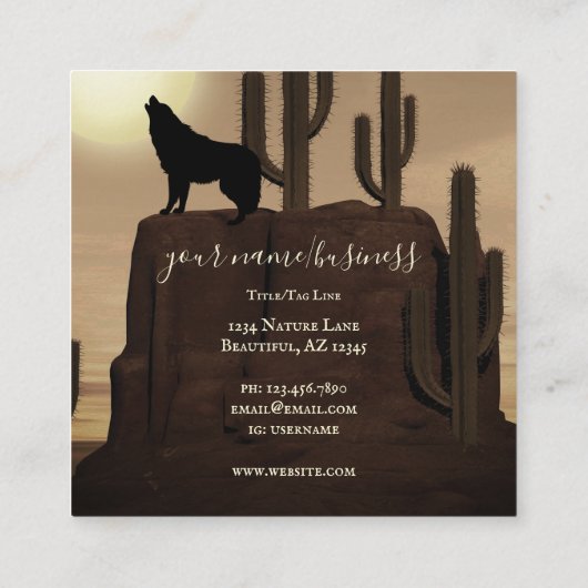 Full Moon Wolf Howling Desert Cactus Vierkante Visitekaartje (Achterkant)