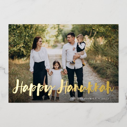 Full Photo Hanukkah in penseelscript Folie Feestdagenkaart (Voorkant)