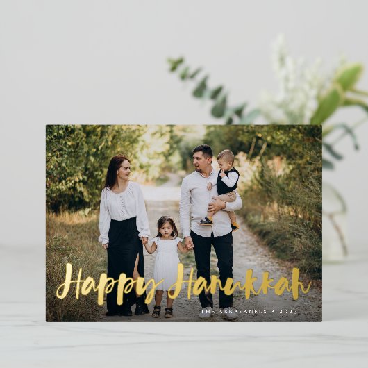Full Photo Hanukkah in penseelscript Folie Feestdagenkaart (Staand Voorkant)