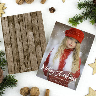 Full Photo Merry Kerstmis, Rustic Wood Feestdagenkaart