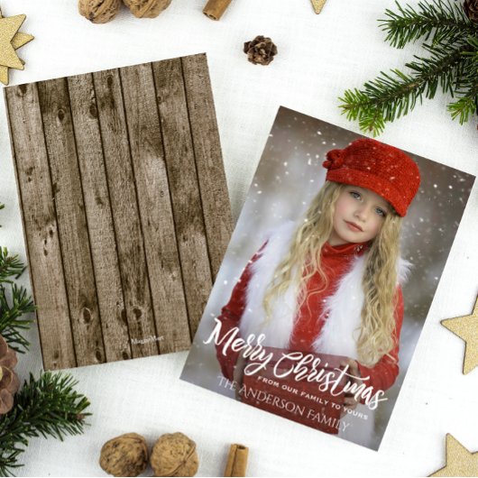 Full Photo Merry Kerstmis, Rustic Wood Feestdagenkaart