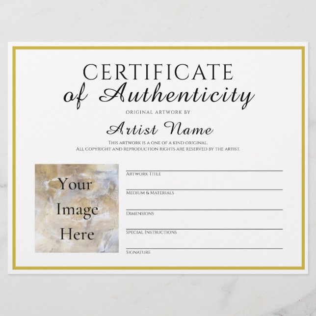 Full Size Certificaat van authenticiteit Art Foto Briefhoofd (Voorkant)