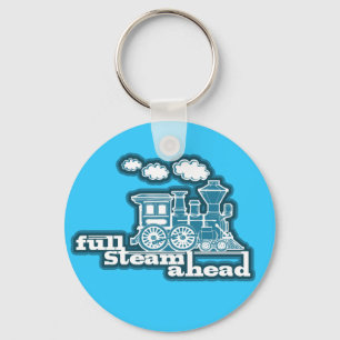 "Full stoomahead" sky blue train grafische sleutel Sleutelhanger