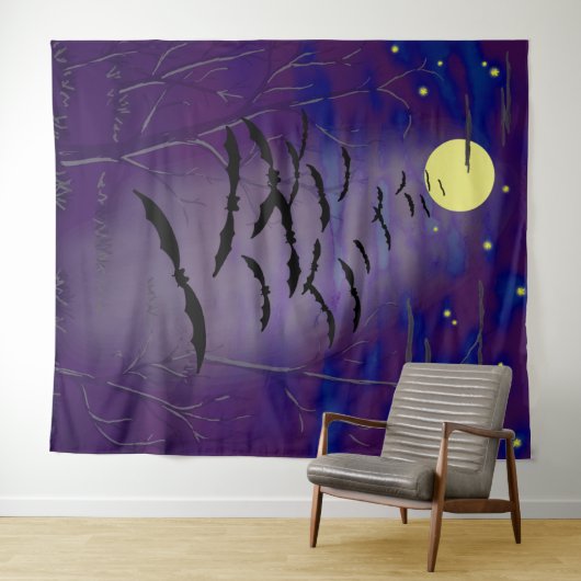 Full Yellow Moon Stars vliegende vliegende vleermu Wandkleed (In Situ (horizontaal))