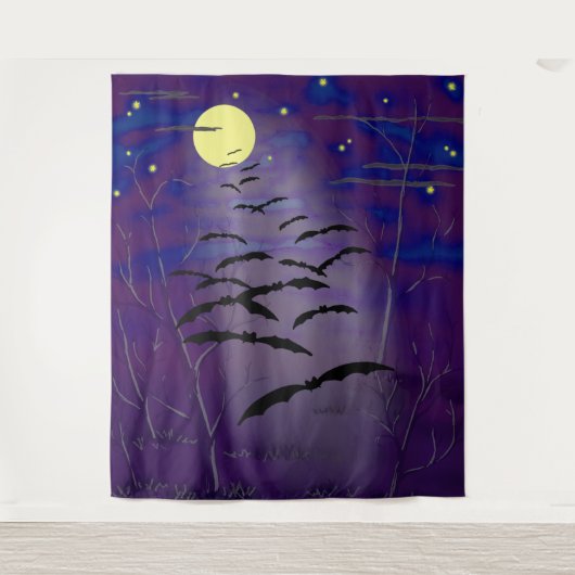 Full Yellow Moon Stars vliegende vliegende vleermu Wandkleed (Voorkant)