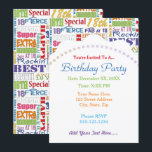 Fun 18th Birthday Party Favors Personalized Kaart<br><div class="desc">Unieke en speciale typografie, het 18e decor van het verjaardagsfeest en geschenken. De tekst omvat heftig en fab bij 18. geweldig op 18, geweldig 18e verjaardagsfeestje, extra speciale 18e verjaardag, gelukkige 18e verjaardag, op 18e verjaardag, goed op 18, en verbluffende 18e verjaardag. Verkrijgbaar in heldere kleurrijke tekst in geel, roze,...</div>