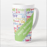Fun 18th Birthday Party Favors Personalized Latte Mok<br><div class="desc">Unieke en speciale typografie, het 18e decor van het verjaardagsfeest en geschenken. De tekst omvat heftig en fab bij 18. geweldig op 18, geweldig 18e verjaardagsfeestje, extra speciale 18e verjaardag, gelukkige 18e verjaardag, op 18e verjaardag, goed op 18, en verbluffende 18e verjaardag. Verkrijgbaar in heldere kleurrijke tekst in geel, roze,...</div>