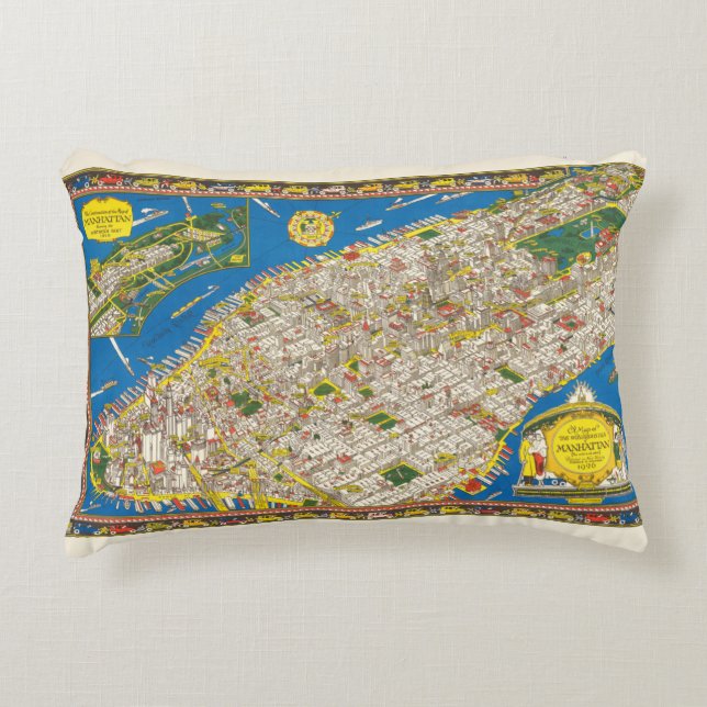 Fun  1926 teruggezette Pictorial Manhattan Map Accent Kussen (Voorkant)