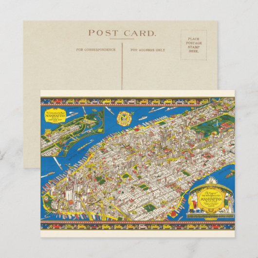 Fun  1926 teruggezette Pictorial Manhattan Map Briefkaart (Voorkant / Achterkant)