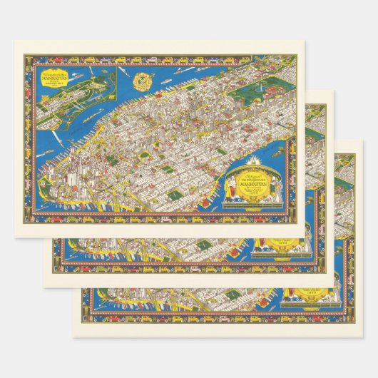 Fun  1926 teruggezette Pictorial Manhattan Map Inpakpapier Vel (Set)