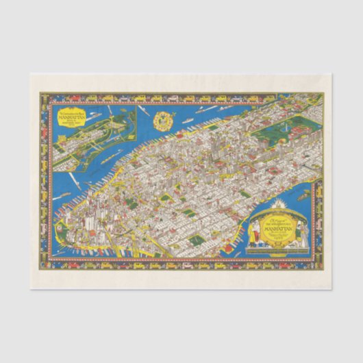 Fun  1926 teruggezette Pictorial Manhattan Map Tissuepapier (Voorkant)