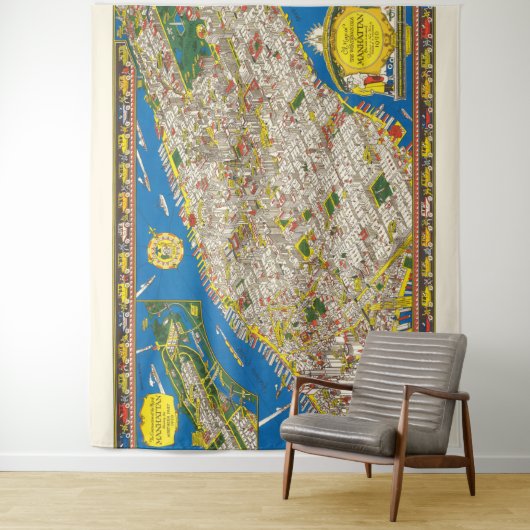 Fun  1926 teruggezette Pictorial Manhattan Map Wandkleed (In situ)