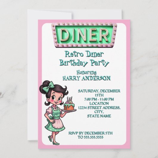Fun 1950s Diner Birthday Cake Mint Pink Kaart (Achterkant)