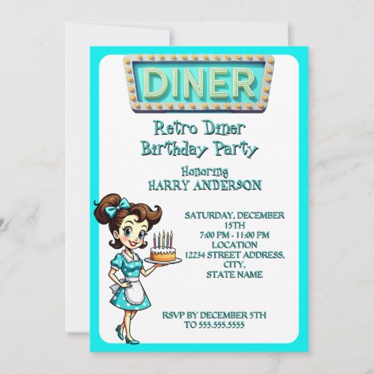 Fun 1950s Retro Diner Birthday Cake Aqua Kaart (Achterkant)