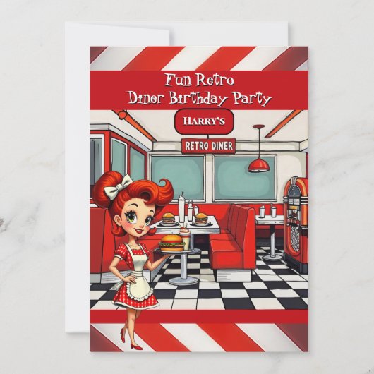 Fun 1950s Retro Diner Birthday Party Red White Kaart (Voorkant)
