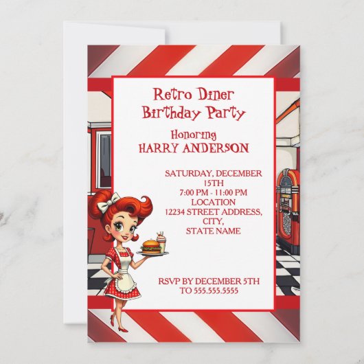 Fun 1950s Retro Diner Birthday Party Red White Kaart (Achterkant)