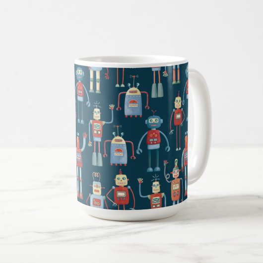 Fun 1950s Style Retro Robot Pattern Dark Koffiemok (Voorkant rechts)