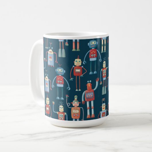 Fun 1950s Style Retro Robot Pattern Dark Koffiemok (Voorkant links)