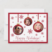 Fun 3 Foto Collage Red Bauble Ornament Holiday Kaart (Voorkant)