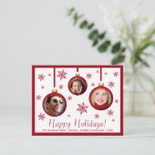 Fun 3 Foto Collage Red Bauble Ornament Holiday Kaart (Staand voorkant)