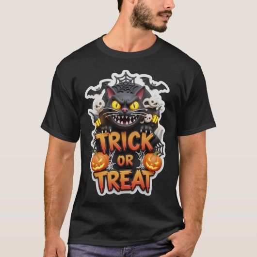 Fun 3D Halloween graphic with spooky black cat pum T-shirt (Voorkant)
