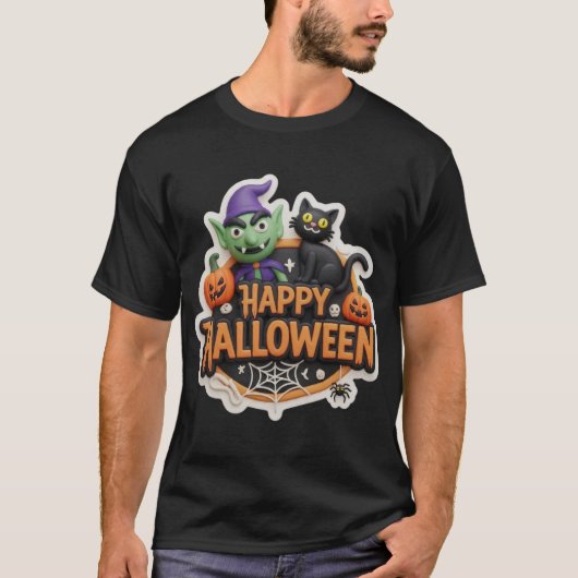 Fun 3D Happy Halloween sign with goblin black cat T-shirt (Voorkant)