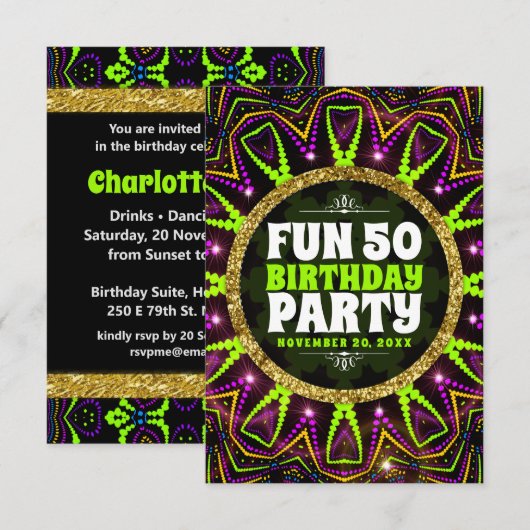 Fun 50th Birthday | Energiegloed|Groovy Rave Party Kaart (Voorkant / Achterkant)