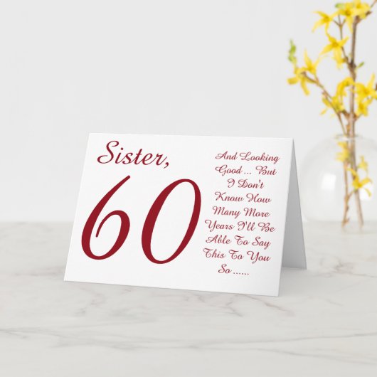 Fun, 60ste verjaardag voor zus, rode en witte teks kaart (Gele Bloem)