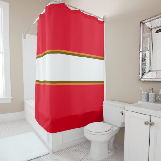 Fun 70s Helder Rood Sinaasappel Wit Racing Stripes Douchegordijn (In situ)