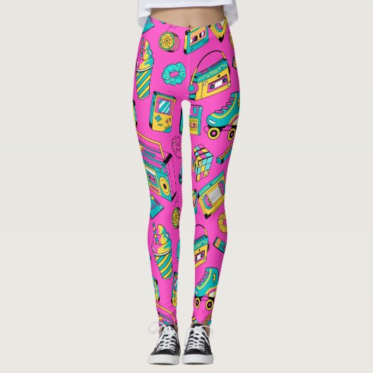 Fun 80s Girly Colorful Retro Bright Neon Pink Leggings (Voorkant)