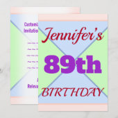 Fun "89th BIRTHDAY" Birthday Uitnodiging (Voorkant / Achterkant)