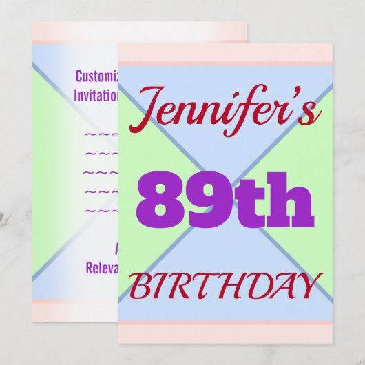 Fun "89th BIRTHDAY" Birthday Uitnodiging (Voorkant / Achterkant)