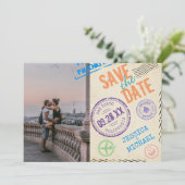 Fun  Airmail Stamps Typografie Foto Save The Date (Staand voorkant)