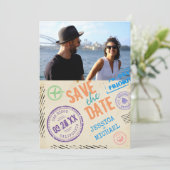 Fun Airmail Stamps Typografie Foto Save The Date (Staand voorkant)