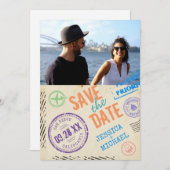 Fun Airmail Stamps Typografie Foto Save The Date (Voorkant / Achterkant)