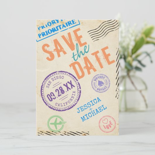 Fun Airmail Stamps Typografie Save The Date (Staand voorkant)