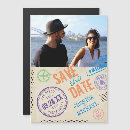 Fun  Airmail Typografie Photo Save the Date Magnetische Uitnodiging (Voorkant / Achterkant)