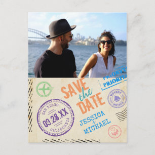 Fun  Airmail Typografie Photo Save the Date Uitnodiging Briefkaart