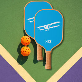 Fun Airplane Simple Monogrammed Blue Aviation Pickleball Paddle