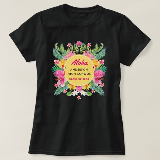 Fun Aloha Tropical Flamingo Afstuderen Luau T-shirt (Design voorkant)