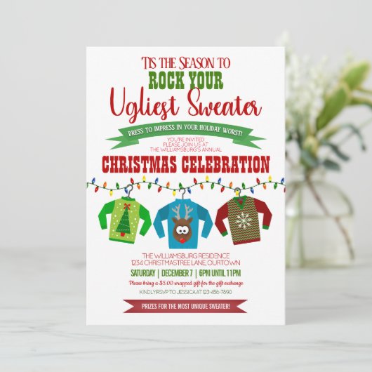Fun and Festive Ugly KerstSweater Party Kaart (Staand voorkant)