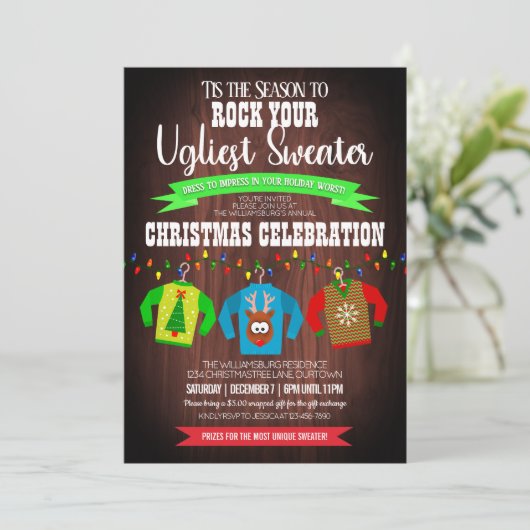 Fun and Festive Ugly KerstSweater Party Kaart (Staand voorkant)